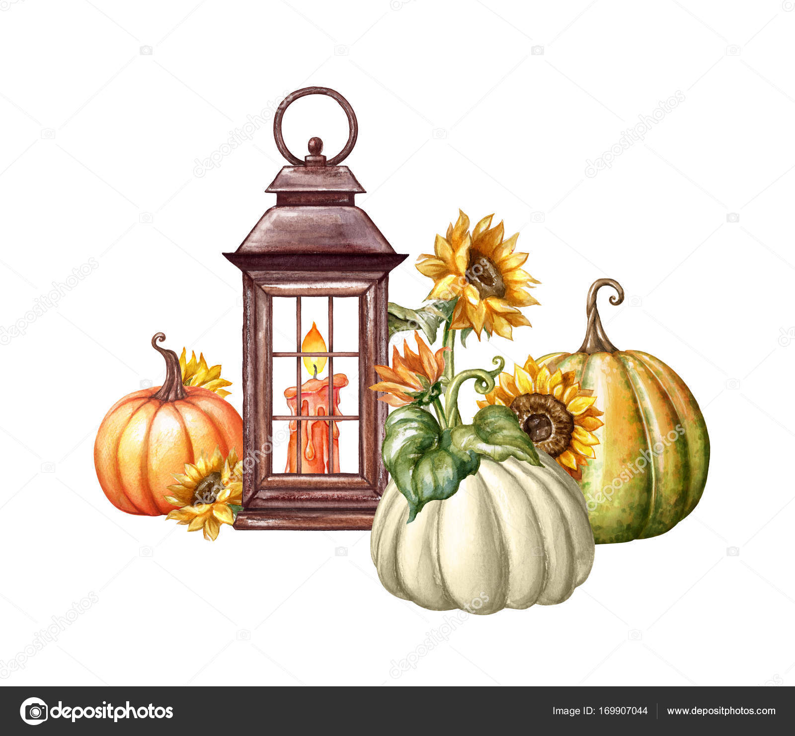 Watercolor Illustration, Thanksgiving, Flowers, Rustic Lantern, Autumn Pumpkin Harvest, Fall, Halloween, Holiday Clip Art Isolated On White Background Stock Photo By ©Wacomka 169907044
