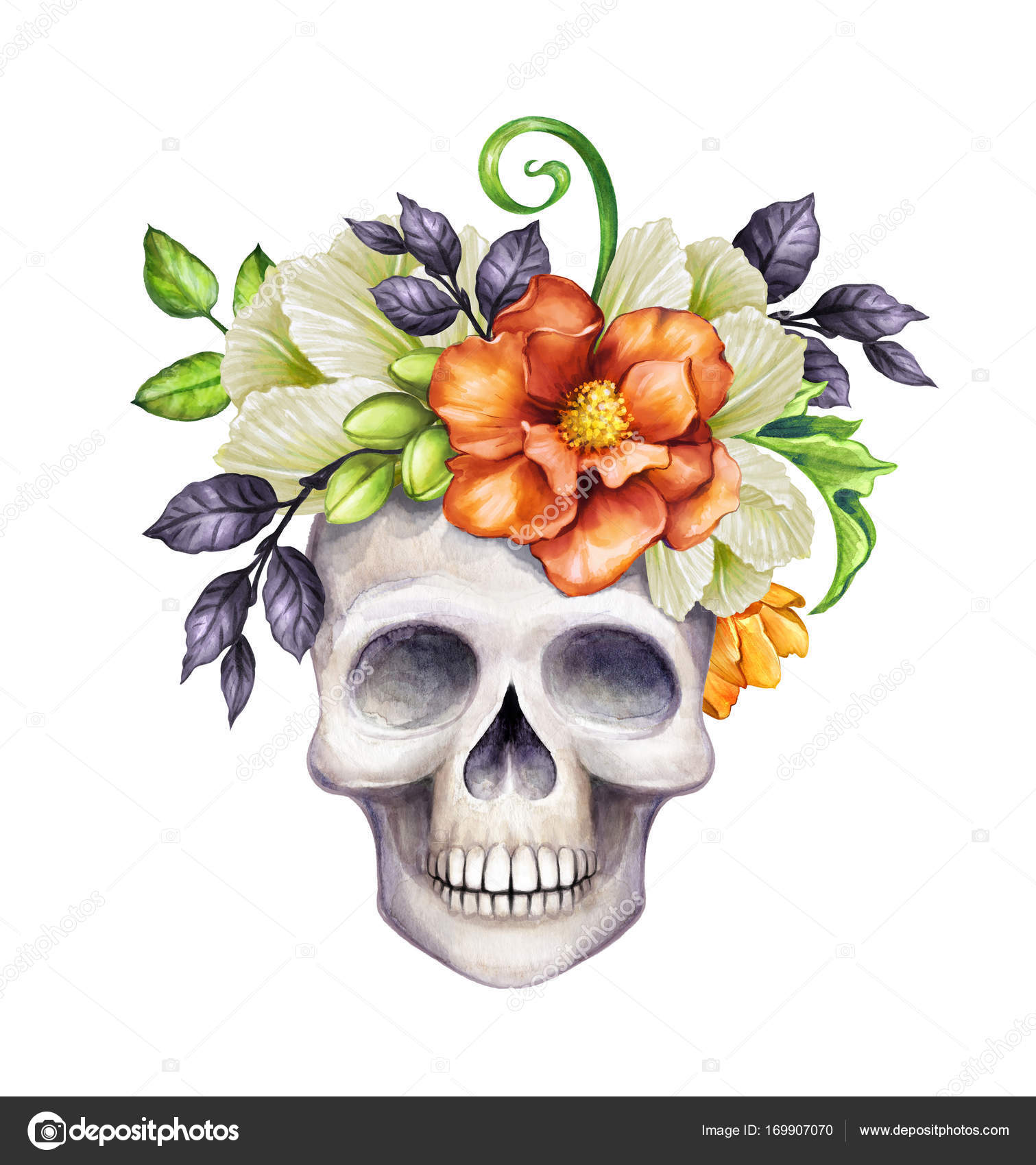 Watercolor Illustration, Floral Sugar Skull, Creepy Halloween Character, Holiday Clip Art Isolated On White Background Stock Photo By ©Wacomka 169907070