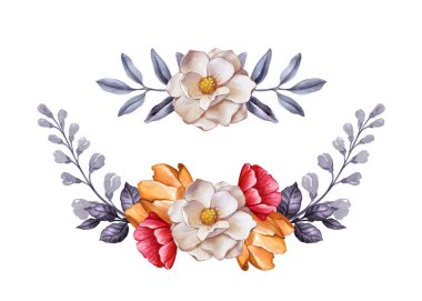 kurutulmuş suluboya botanik illüstrasyon, sonbahar çiçek, yaprak, çiçek çelenk dekorasyon, tasarım öğeleri kümesi, düşmek, beyaz arka plan üzerinde izole küçük resim