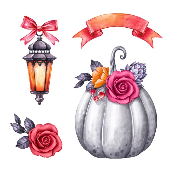 watercolor illustration, Halloween clip art, autumn design elements, lantern, rose flowers, pumpkin, fall, holiday clip art isolated on white background