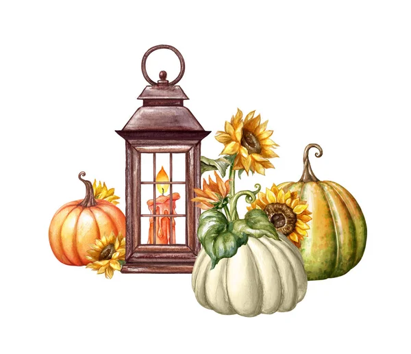 Akwarela, ilustracja, Dziękczynienia, kwiaty, rustykalne latarnia, zbiorów dynia jesień, jesień, Halloween, obiektów clipart na białym tle — Zdjęcie stockowe