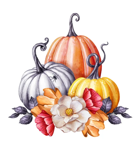 Watercolor illustration, floral pumpkins, Halloween clip art, autumn design elements, fall, holiday clip art isolated on white background — Stock Photo, Image