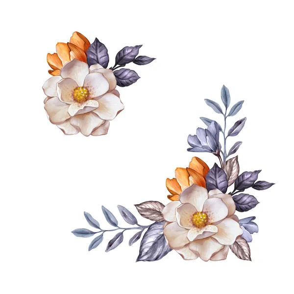 Acquerello illustrazione botanica, fiori d'autunno, foglie secche, decorazione d'angolo, elementi di design floreale set, autunno, clip art isolato su sfondo bianco — Foto Stock