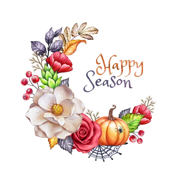 Aquarelle illustration botanique, carte de souhaits de Thanksgiving, texte Happy Season, fleurs, feuilles, citrouille, automne, automne, clip art de vacances isolé sur fond blanc — Photo