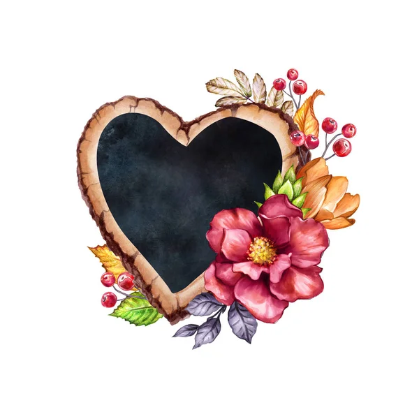 Floral heart shape chalkboard banner, watercolor Thanksgiving card design, flowers, wooden slice, illustration, autumn, fall holiday clip art isolated on white background — Stock Photo, Image