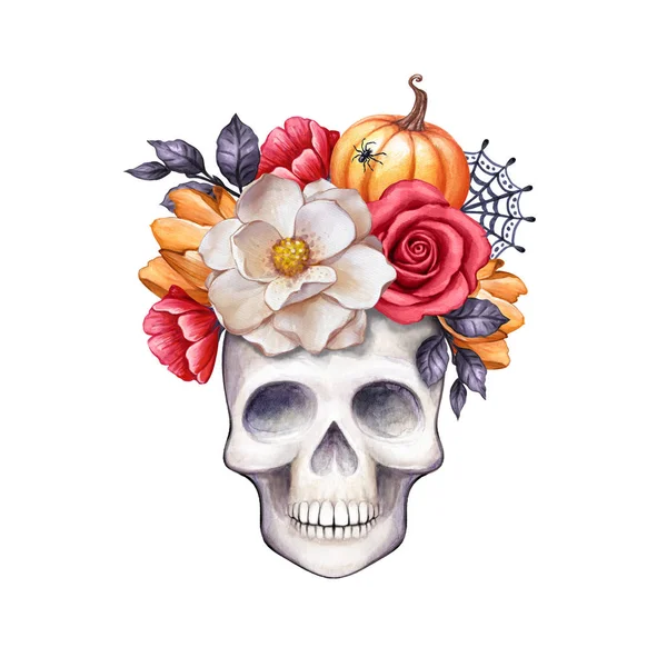 Watercolor floral skull, Halloween illustration, autumn flowers, fall, pumpkin, clip art isolated on white background — Stock Photo, Image