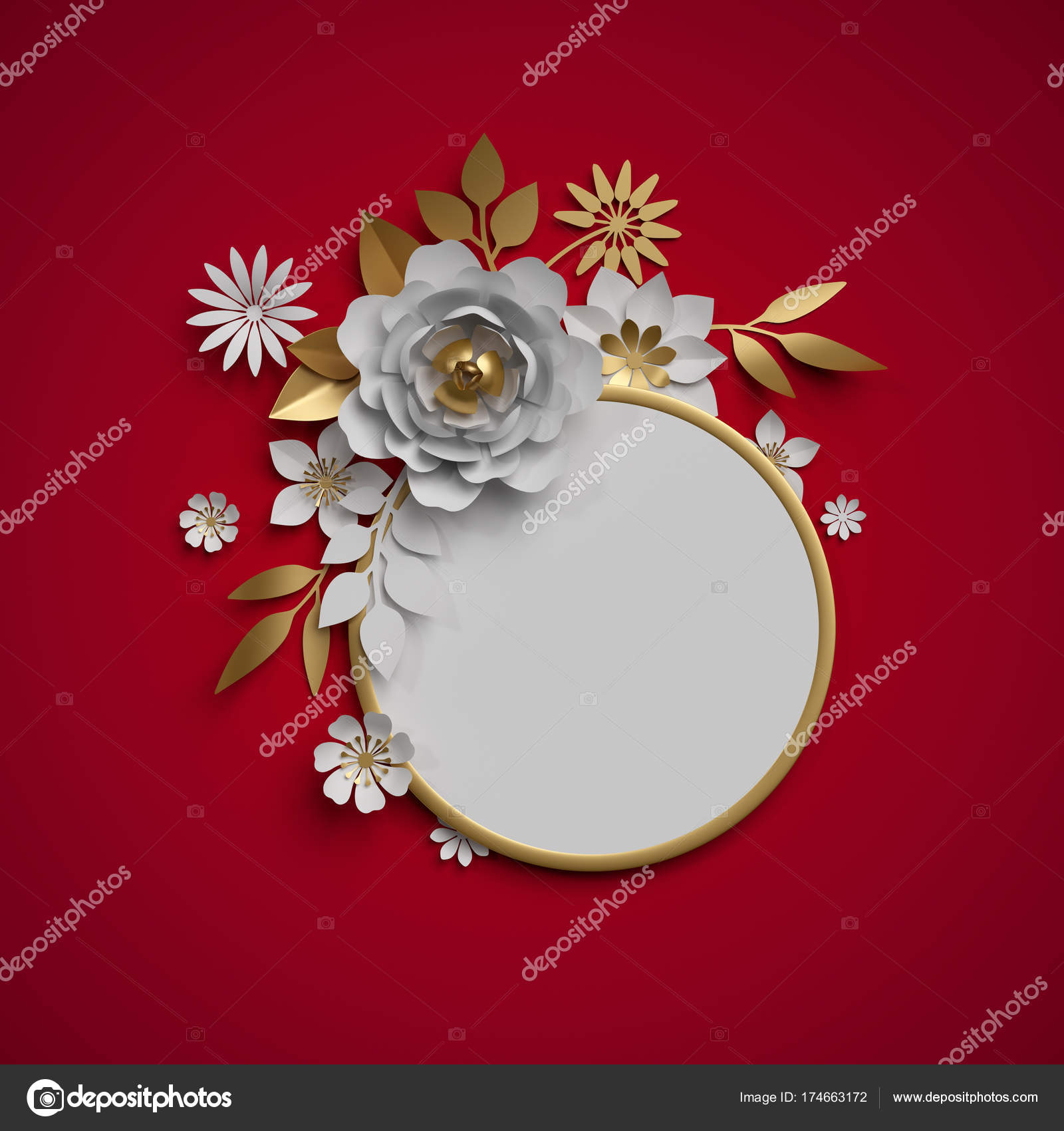 Renderização 3d, flores de papel, quadro redondo, fundo botânico de ouro  branco vermelho, decoração de Natal Ilustração de ©wacomka #174663172, image size:1600x1700