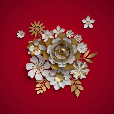 3D render, çiçek buketi, beyaz altın kağıt çiçekler, botanik kompozisyon, kırmızı arka plan quilling, Noel dekorasyonu,