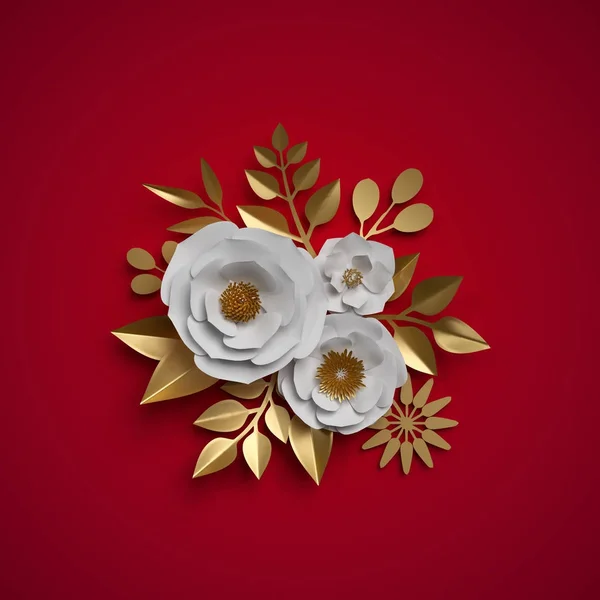 3D render, pappersblommor, blommig bukett, röd vitt guld botaniska bakgrund, juldekoration — Stockfoto