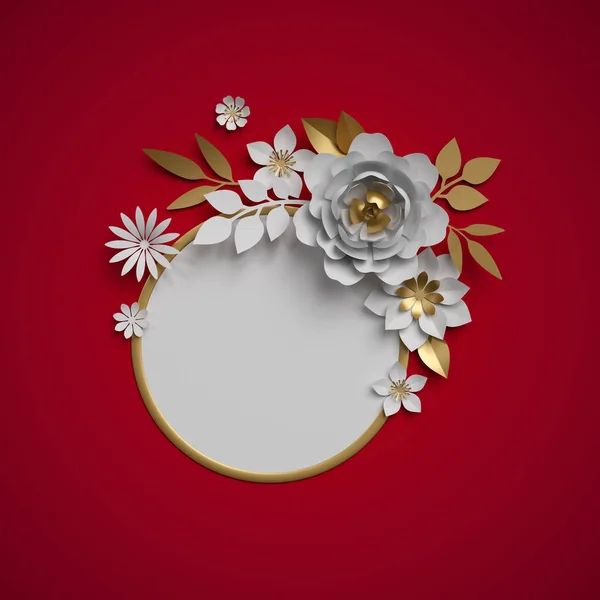 Rendu 3d, fleurs en papier d'or blanc, décor botanique, cadre rond, fond rouge, modèle de carte blanche, décoration de Noël — Photo