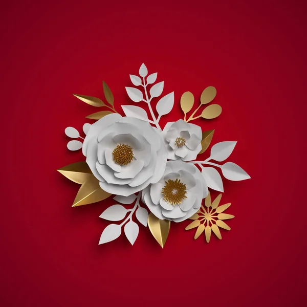 3D рендеринг, цветочный букет, бумажные цветы, красно-белое золото ботанический фон, перо, рождественские украшения — стоковое фото