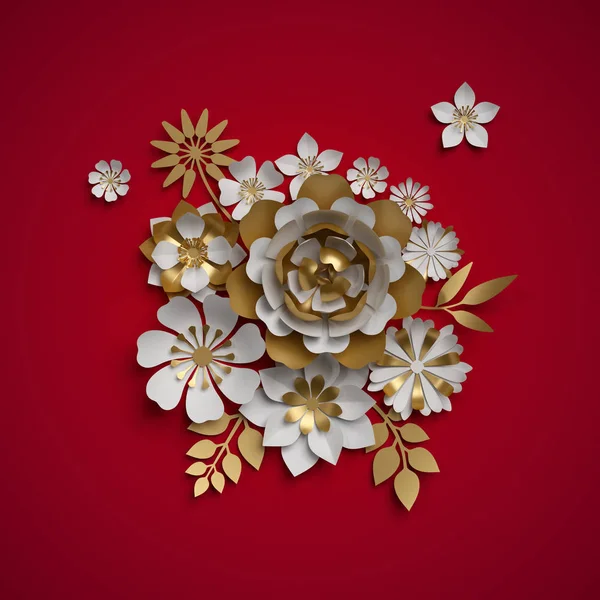 3d render, buquê floral, flores de papel de ouro branco, composição botânica, fundo vermelho, quilling, decoração de Natal — Fotografia de Stock