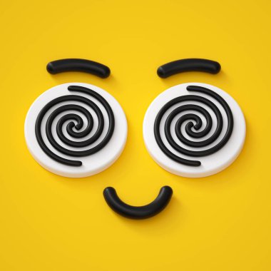 3D render, soyut duygusal deli yüz simgesi, hipnotik eyes, hipnotize karakter illüstrasyon, sevimli çizgi canavar, emoji, ifade, oyuncak