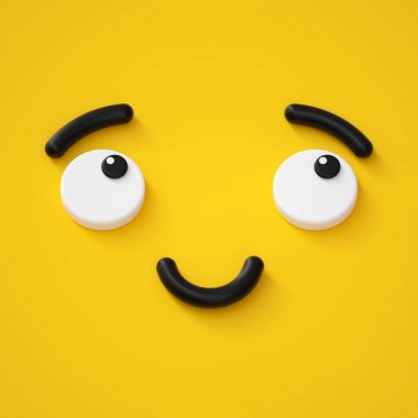 3D render, sevimli duygusal çizgi yüz, utangaç gülen çocuk, çok güzel bir gülümseme, hayalperest, ifade, emoji