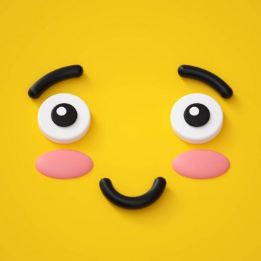 3D render, sevimli duygusal çizgi yüz, utangaç gülen çocuk, çok güzel bir gülümseme, ifade, emoji