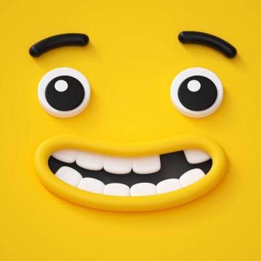 3D render, sevimli çocuksu yüzü, dişsiz gülümseme, hayret duygu, emoji, ifade, komik canavar