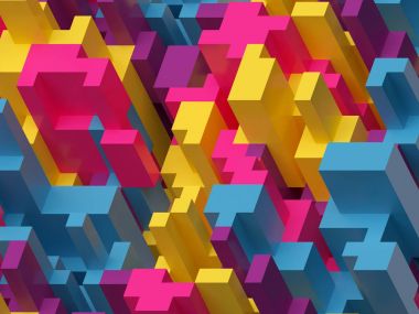3D render, dijital illüstrasyon, pembe sarı mavi, renkli arka plan, voxel desen