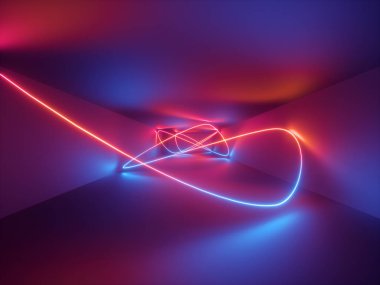 3D render, lazer gösterisi, gece kulübü iç ışık, kırmızı mavi neon, floresan arka plan, parlayan curvy hatları, geometrik şekiller