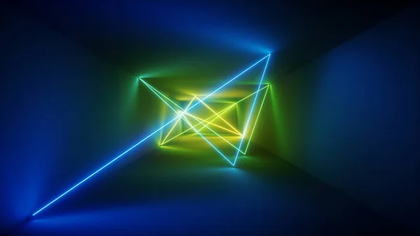 3d rendering, laser show, night club luci interne, blu verde linee luminose, astratto sfondo fluorescente, stanza, corridoio — Foto Stock