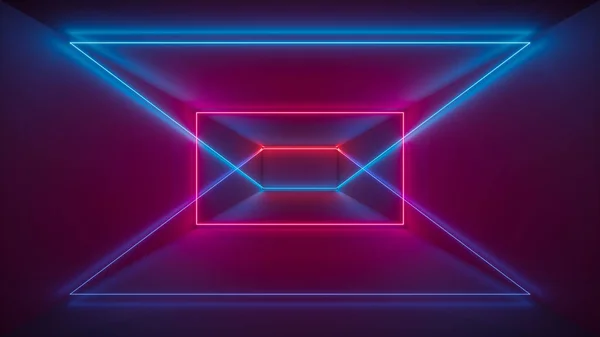 3D-Render, Lasershow, Nachtclub-Innenbeleuchtung, rot-blau leuchtende Linien, abstrakter fluoreszierender Hintergrund, geometrische Formen — Stockfoto