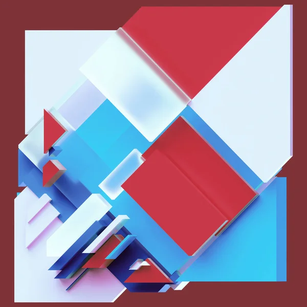 Renderização 3d, ilustração digital, fundo geométrico abstrato, blocos brancos vermelhos azuis, quebra-cabeça, painéis, camadas planas, padrão — Fotografia de Stock