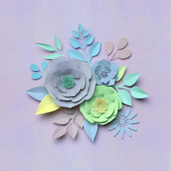 3d rendu, illustration numérique, fleurs en papier, bouquet floral, fond nature, couleurs pastel — Photo