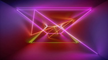 3D render, parlak çizgiler, neon ışıkları, psychedelic arka plan, kırmızı pembe sarı canlı renkler, lazer gösterisi soyut.
