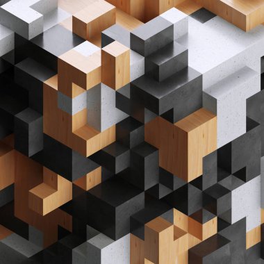 3D render, soyut küp arka plan, voxel Mozaik, geometrik şekiller, modern yapı malzemeleri, ahşap ve taş doku