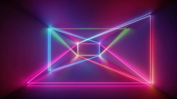 3D-Rendering, glühende Linien, Neonlichter, abstrakter psychedelischer Hintergrund, violett, rosa blau leuchtende Farben — Stockfoto