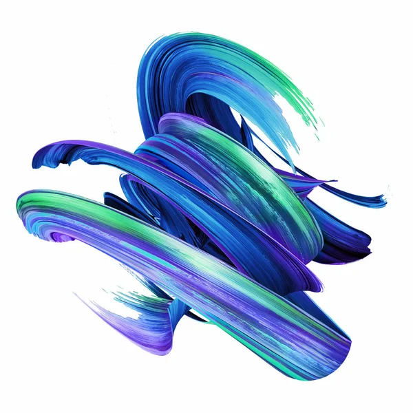 3D render, abstrakt twisted penseldraget, färg stänk, splatter, färgglada spiral, konstnärliga utstryk, blå hieroglyf, isolerad på vit — Stockfoto