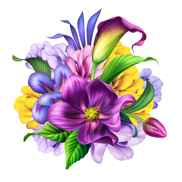 Illustration botanique, beau bouquet de fleurs, arrangement floral, clip art isolé sur fond blanc — Photo