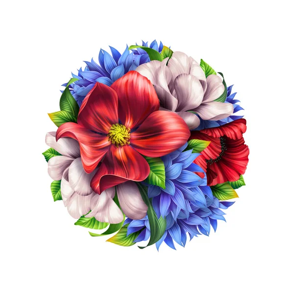 Botanikai illusztráció, rusztikus szag vadvirágok, kerek csokor, virág labdát, vad elrendezése, természet ClipArt elszigetelt fehér background — Stock Fotó