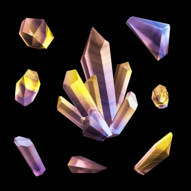 3D render, dijital illüstrasyon, soyut kristaller, modern gemstone arka plan, çok renkli nugget