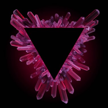 3D render, dijital illüstrasyon, soyut kristal üçgen çerçeve, siyah arka plan, Ruby on Rails nugget üzerinde modern değerli taş