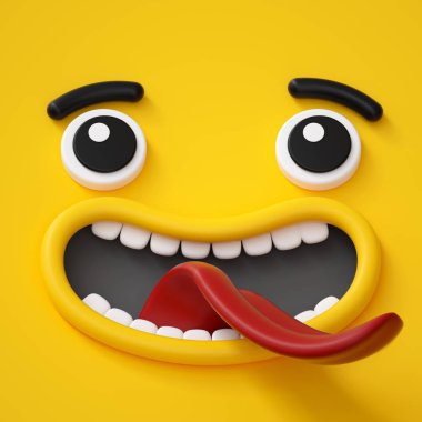 3D render, soyut duygusal yüz simgesi, heyecanlı karakter illüstrasyon, sevimli çizgi canavar, emoji, ifade, oyuncak