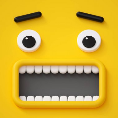 3D render, soyut duygusal yüz simgesi, korkmuş karakter illüstrasyon, sevimli çizgi canavar, emoji, ifade, oyuncak