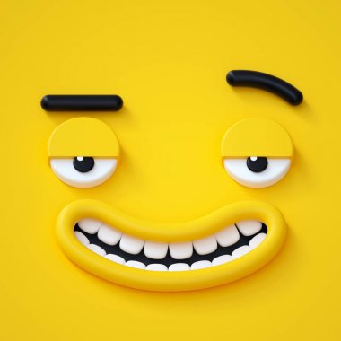 3D render, soyut duygusal yüz simgesi, aptal komik playboy karakteri, sevimli çizgi film canavar, illüstrasyon, emoji, ifade, oyuncak