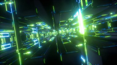 3D render, fütüristik arka plan, kentsel güç istasyonu, tünel, yeşil elektrik ışık, geometrik yapısı, büyük veri depolama, kuantum bilgisayar, siber güvenlik, sanal gerçeklik