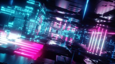 3D render, kentsel arka plan, fütüristik pembe mavi neon ışık, geometrik yapısı, büyük veri, kuantum bilgisayar, depolama, siber güvenlik, sanal gerçeklik