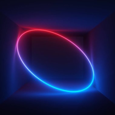 3D render, neon ışık, oval şekil, lazer gösterisi, aydınlatma, parlak dalgalı çizgiler, floresan arka plan, optik illüzyon, Oda, koridor, gece kulübü iç