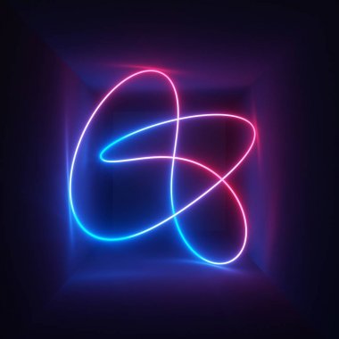 3D render, neon ışık, düğüm şekli, lazer gösterisi, aydınlatma, parlak dalgalı çizgi, floresan arka plan, optik illüzyon, Oda, koridor, gece kulübü iç