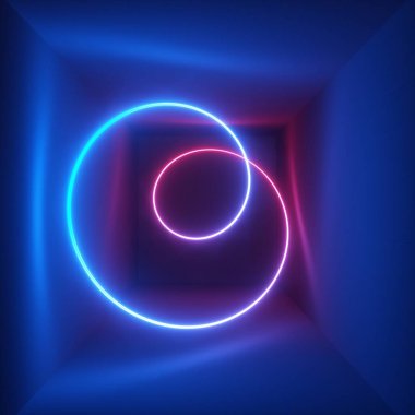 3D render, neon ışık, döngü, lazer gösterisi, aydınlatma, parlak dalgalı çizgiler, floresan arka plan, optik illüzyon, Oda, koridor, gece kulübü iç