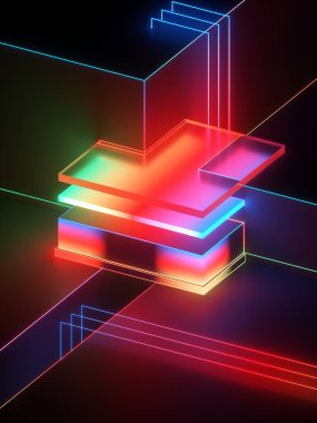 3D render, modern geometrik arka plan, minimalist alay, parlak neon ışık, boş vitrin, ilkel mimarisi şekilleri, dükkanı ekran, spektrum, canlı renkler parlak