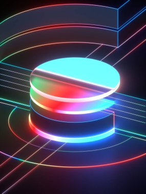 3D render, modern geometrik arka plan, neon ışık, ilkel mimarisi şekilleri, dükkanı ekran mockup, kenarları, canlı renkler parlak parlayan minimalist boş Vitrini