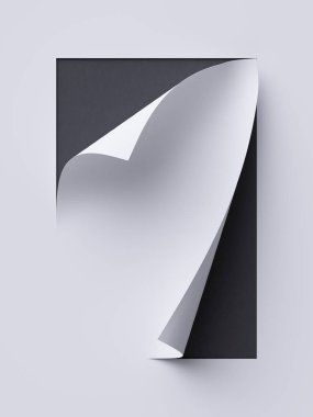3D render, soyut kağıt arka plan, sayfa köşe kıvırmak, boş sayfa, tasarım öğesi reklam ve promosyon mesaj için. Beyaz ve siyah yaratıcı modern kadar sahte.