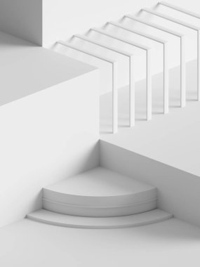 3D render, modern geometrik arka plan, minimalist boş vitrin, art deco, beyaz ilkel şekilleri, dükkanı görüntü sahte