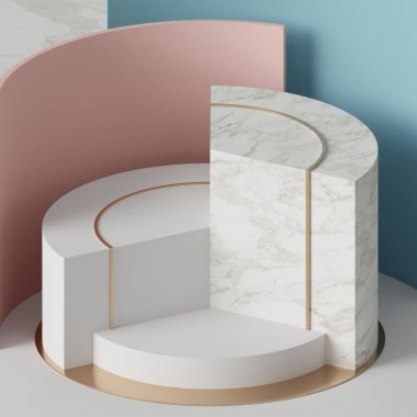 3D render, modern sahte kadar geometrik arka plan, boş şablon, minimalist boş vitrin, temel şekiller, art deco Dükkanı ekran, pastel renkler