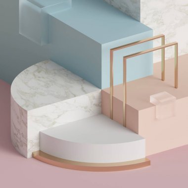 3D render, modern sahte kadar geometrik arka plan, boş şablon, minimalist boş vitrin, temel şekiller, art deco Dükkanı ekran, pastel renkler