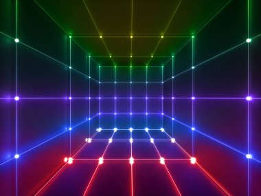 3d render, parlak çizgiler, neon ışıkları, psychedelic arka plan, küp kafes, ultraviyole, spektrum canlı renkler, lazer gösterisi