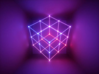 3d render, parlak çizgiler, neon ışıkları, psychedelic arka plan, küp kafes, morötesi, kızılötesi, spektrum canlı renkler, lazer gösterisi